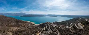 A drone panorama view of the lake and village of Sainte-Croix-du-Verdon in the Haute Provence refion of France