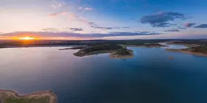 Reflection Lake Prints: Drone panoramic aerial view of Minutos Dam in Arraiolos Alentejo at sunset, Portugal