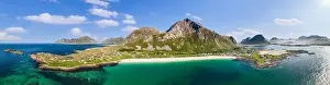 Nordland Prints: Drone panoramic view of Jusnesvika Bay and Rambergstranda beach in Flakstadoya