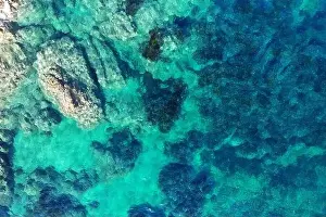 Turquoise Sea Prints: Drone photo of the sea off the coast of Les Issambres in in the Var region of Provence-Alpes-Côte d'Azur Region of