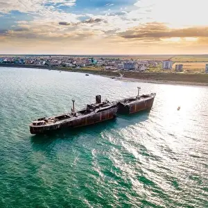 Drone Camera Prints: Drone photography of a rusty shipwreck at the Black Sea located next to Costinesti beach