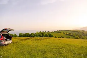 Videography Prints: drone ready for fly in suv trunk landscape nature mountains sunset