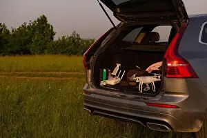 Videography Prints: drone ready for fly in suv trunk landscape nature mountains sunset