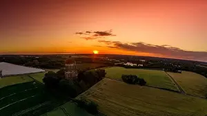 Drone shot of a beautiful sunset at the old water tank the Lanstroper Ei. The glowing sky is spectacular