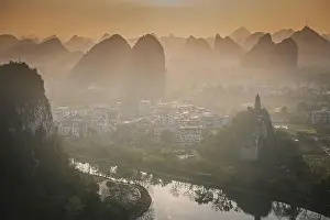 Karst Prints: Drone Sunset View of Guilin, Li River and Karst mountains
