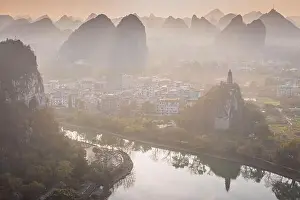 Karst Prints: Drone Sunset View of Guilin, Li River and Karst mountains