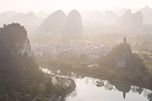 Karst Prints: Drone Sunset View of Guilin, Li River and Karst mountains