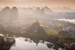 Karst Prints: Drone Sunset View of Guilin, Li River and Karst mountains