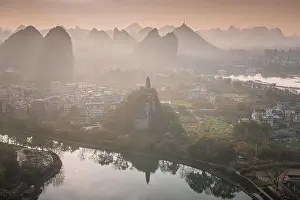 Karst Prints: Drone Sunset View of Guilin, Li River and Karst mountains