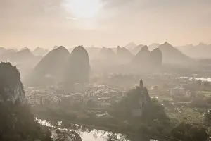 Karst Prints: Drone Sunset View of Guilin, Li River and Karst mountains