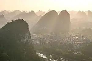 Karst Prints: Drone Sunset View of Guilin, Li River and Karst mountains