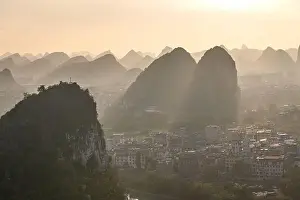 Karst Prints: Drone Sunset View of Guilin, Li River and Karst mountains