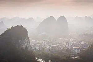 Karst Prints: Drone Sunset View of Guilin, Li River and Karst mountains