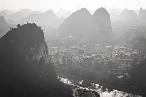 Karst Prints: Drone Sunset View of Guilin, Li River and Karst mountains