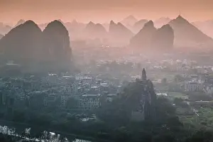 Karst Prints: Drone Sunset View of Guilin, Li River and Karst mountains
