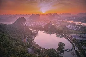 Karst Prints: Drone Sunset View of Guilin, Li River and Karst mountains