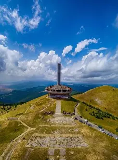Drone top view Buzludzha - abandoned communist building in the Balkan mountains, Bulgaria. UFO dish look a like