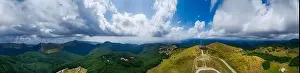 Drone top view Buzludzha - abandoned communist building in the Balkan mountains, Bulgaria. UFO dish look a like