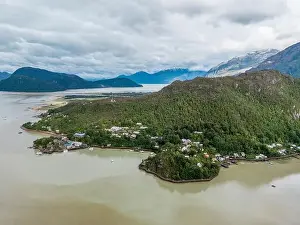 Caleta Tortel Prints: Drone view of Caleta Tortel with its small cabins - Discovering the beautiful village while traveling the Carretera