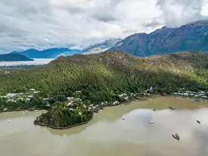 Caleta Tortel Prints: Drone view of Caleta Tortel with its small cabins - Discovering the beautiful village while traveling the Carretera