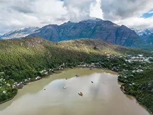 Caleta Tortel Prints: Drone view of Caleta Tortel with its small cabins - Discovering the beautiful village while traveling the Carretera