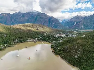 Caleta Tortel Prints: Drone view of Caleta Tortel with its small cabins - Discovering the beautiful village while traveling the Carretera