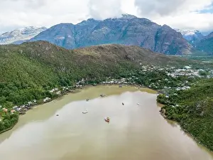 Caleta Tortel Prints: Drone view of Caleta Tortel with its small cabins - Discovering the beautiful village while traveling the Carretera