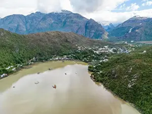 Caleta Tortel Prints: Drone view of Caleta Tortel with its small cabins - Discovering the beautiful village while traveling the Carretera