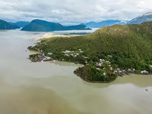 Caleta Tortel Prints: Drone view of Caleta Tortel with its small cabins - Discovering the beautiful village while traveling the Carretera