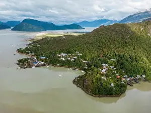 Caleta Tortel Prints: Drone view of Caleta Tortel with its small cabins - Discovering the beautiful village while traveling the Carretera
