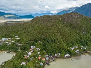 Caleta Tortel Prints: Drone view of Caleta Tortel with its small cabins - Discovering the beautiful village while traveling the Carretera