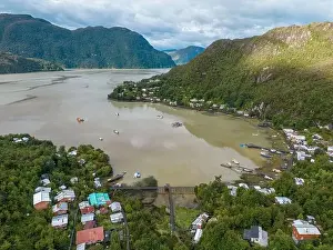 Caleta Tortel Prints: Drone view of Caleta Tortel with its small cabins - Discovering the beautiful village while traveling the Carretera