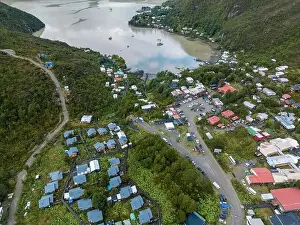 Patagonia Prints: Drone view of Caleta Tortel with its small cabins - Discovering the beautiful village while traveling the Carretera