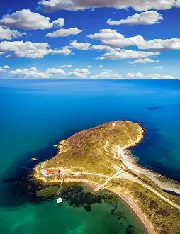 Summer Lake Prints: Drone top view over cape and fortress Akin/Akra-Chernomorec, Bulgaria