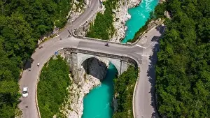 River Bridge Prints: Drone View Capturing Napoleon Bridge Over Stunning Turquoise Soca River, Slovenia