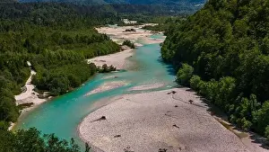 Drone View Capturing Soca River and Mountain Scenery Near Bovec, Slovenia