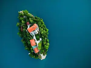 Bled Prints: Drone View on Church on Island on Lake Bled in Slovenia at Summer