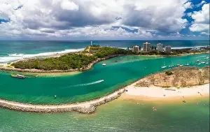 Sunshine Coast Prints: Drone view of famous Mooloolaba beach and marina on sunny day