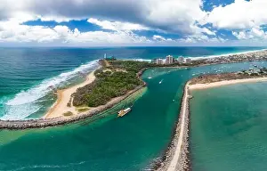 Sunshine Coast Prints: Drone view of famous Mooloolaba beach and marina on sunny day