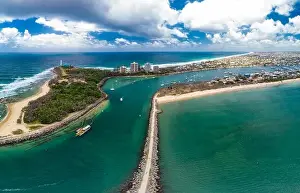 Sunshine Coast Prints: Drone view of famous Mooloolaba beach and marina on sunny day