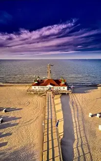 drone view of famous old pier of Ahlbeck on island of Usedom in the baltic sea
