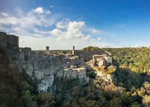 A drone view of the fortified medieval village of Sorano in Tuscany
