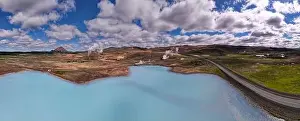 Drone view at geothermal park near lake Myvatn on Iceland