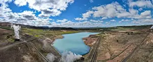 Drone view at geothermal park near lake Myvatn on Iceland