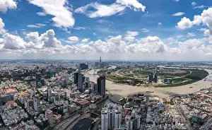 Ho Chi Minh Prints: Drone view of Ho Chi Minh city downtown in the beautiful morning