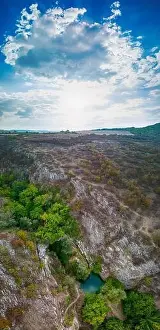 Drone view at Hotnishki Waterfall near Veliko Tarnovo during summer with great acqua colors