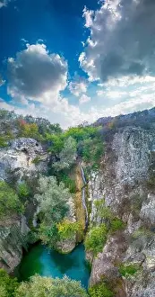 Bulgarian Nature Prints: Drone view at Hotnishki Waterfall near Veliko Tarnovo during summer with great acqua colors