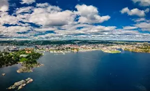 Kristiansand Prints: Drone view of Kristiansand town and Kvadraturen from Oderoya, Norway