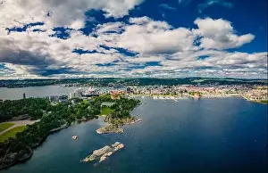 Kristiansand Prints: Drone view of Kristiansand town and Kvadraturen from Oderoya, Norway