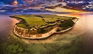 drone view of lighthouses in sunset from northern part of island of Ruegen - called Kap Arkona
